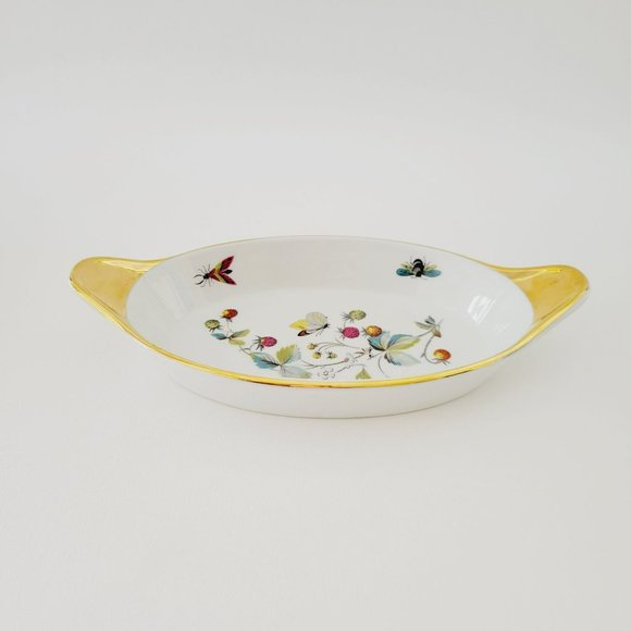 Royal Worcester Strawberry Fair Gold Trim Oval Baking Dish Size 9 Butterflies - Picture 1 of 15